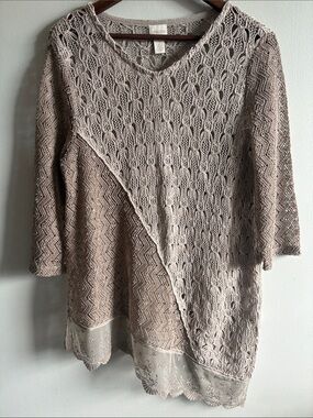 Chico’s Open Knit Lace Hem Tunic Sweater Taupe Size 2 (L/XL)